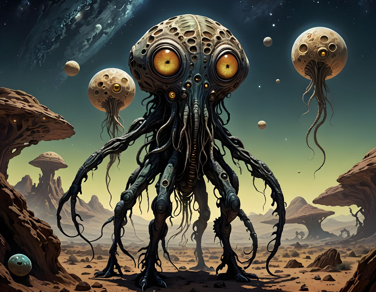 Alien Figure on Distant World Under Twin Moons