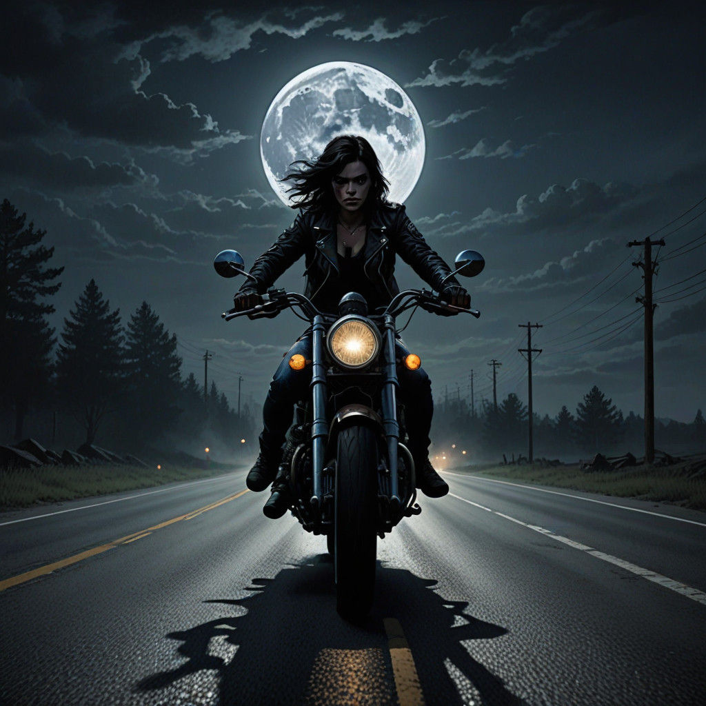 Dark Fantasy Motorcycle Rider under a Haunted Full Moon