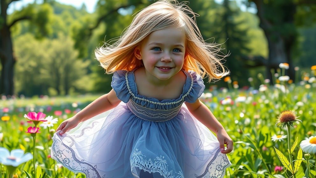 Fantasy Girl Whimsy in Vibrant, Sun-Kissed Meadow