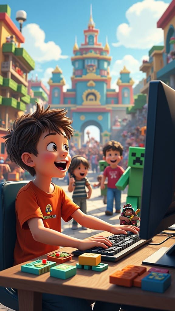 Children Play Minecraft in Vibrant Town Crafted from Blocks