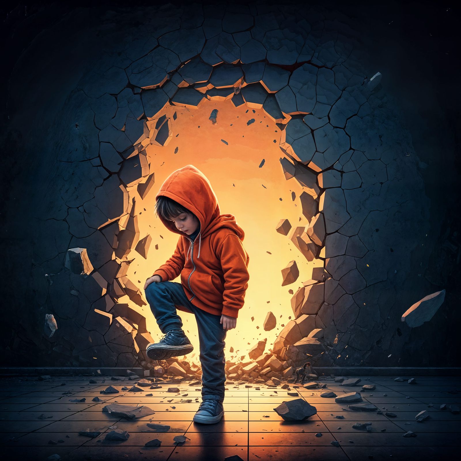 Boy Taps Foot as Wall Collapses: Digital Matte Painting