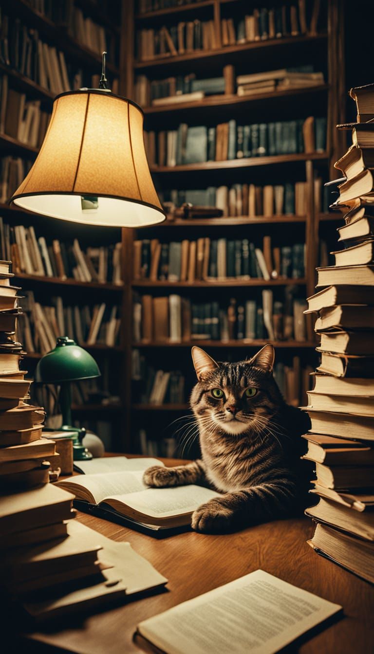 Tabby Cat and Writer in Cozy Study