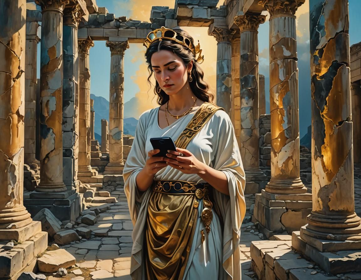 Anachronistic Dream: Woman in Ancient Greece Holds Modern Ph...