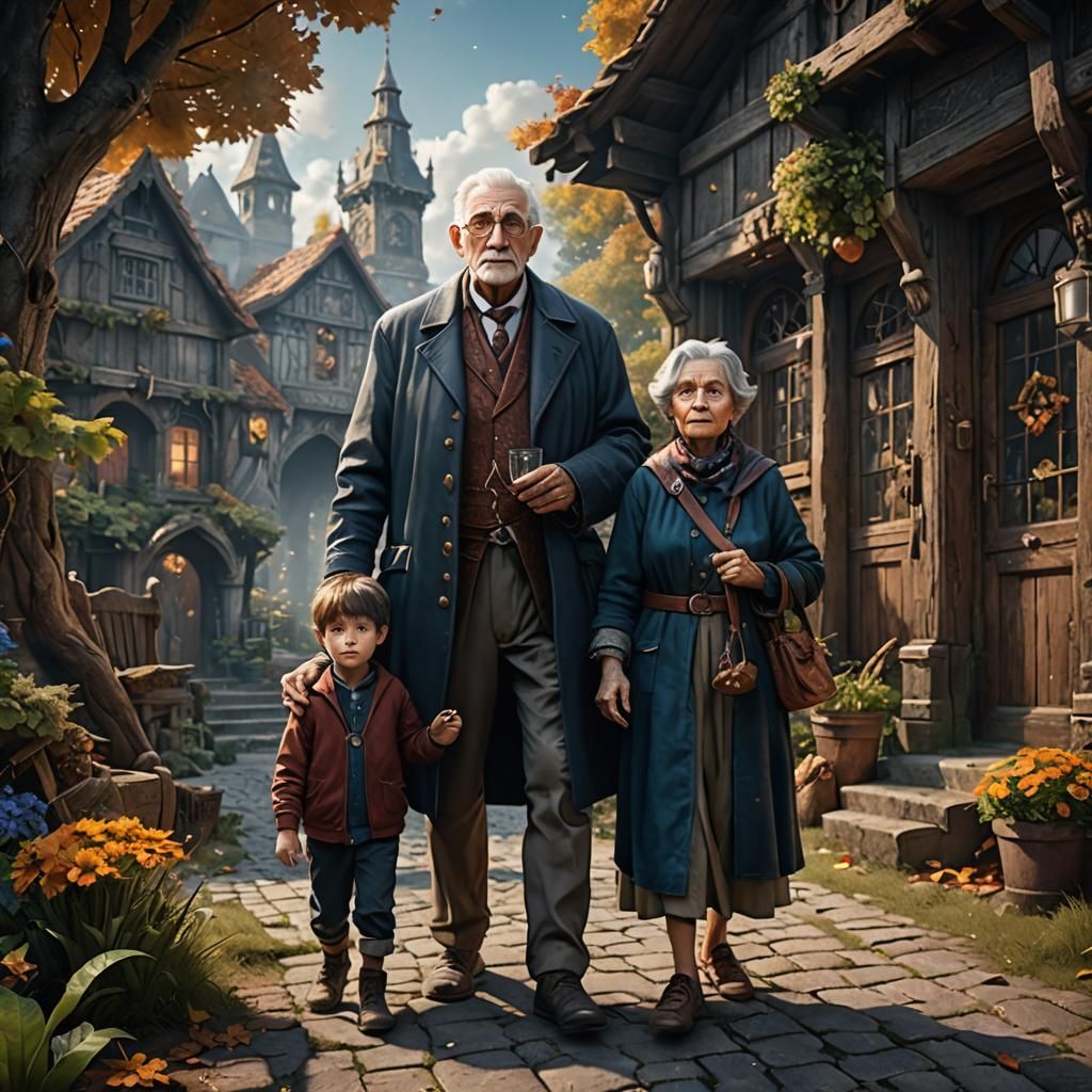 Grandparents with Grandson: Detailed Fantasy Concept Art