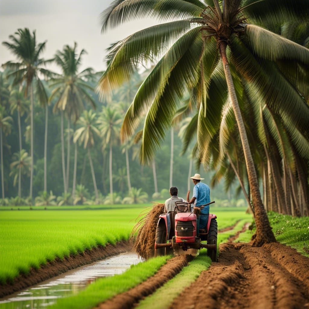Farmer Plowing Rice Paddy Field in Kerala