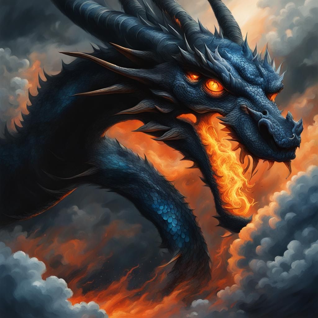 Dark sky in black, orange, and blue tones, with clouds formi...