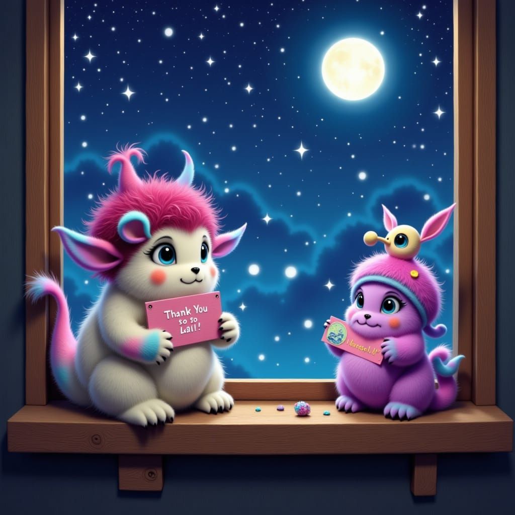 Playful Furry Monsters Thanking You on Starry Night