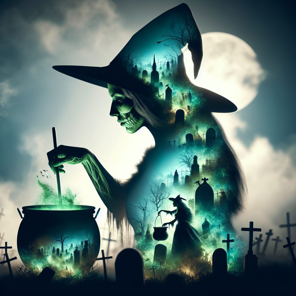 Dual Exposure Witch Stirring Cauldron in Hyperrealism Style