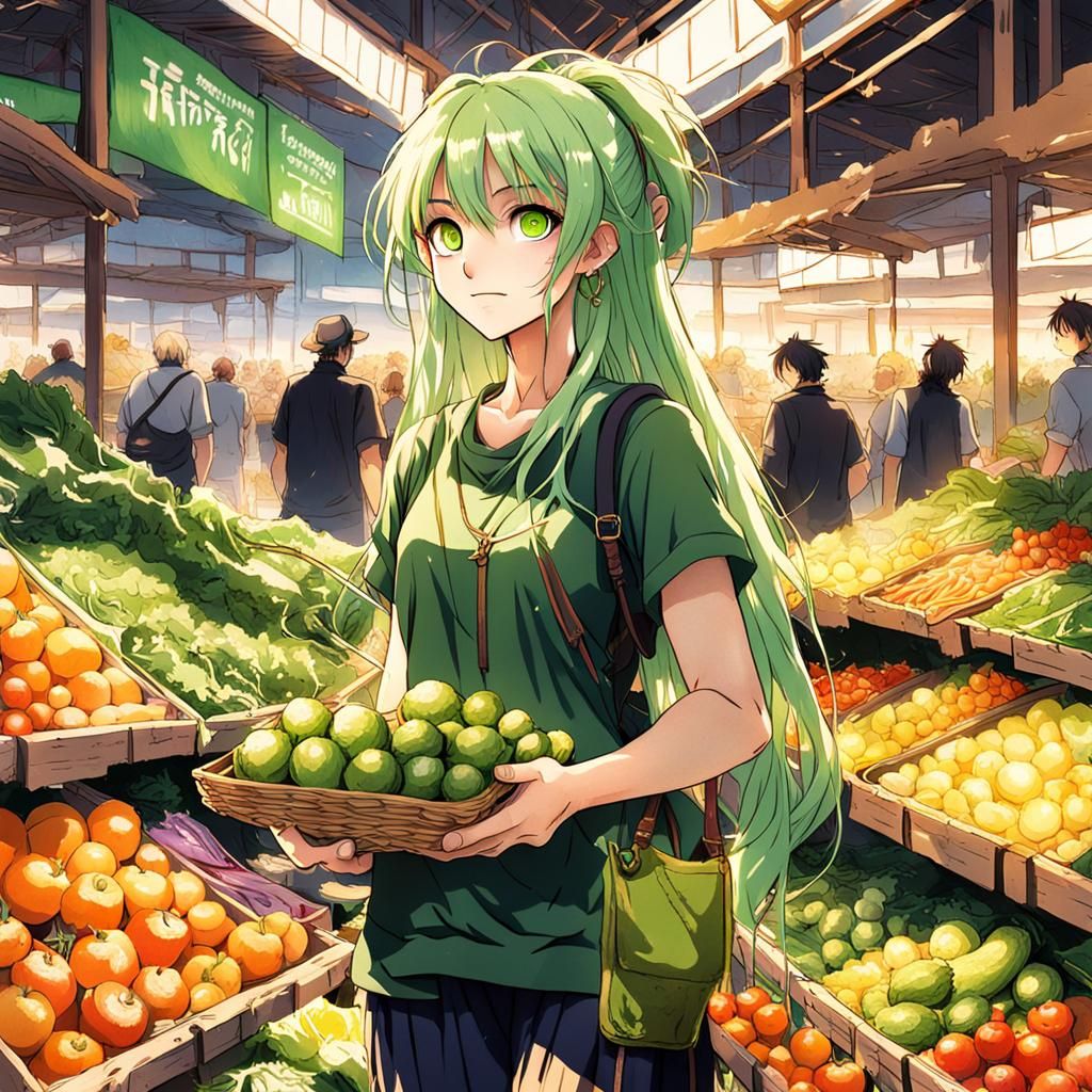 Anime Girl at Farmer's Market in Manga Style