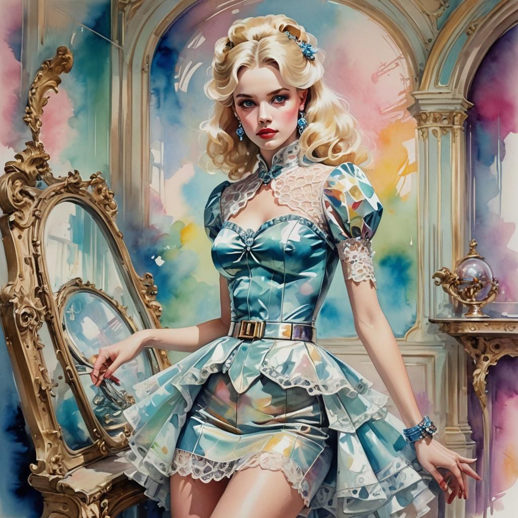 Front view of a blonde modelin a retro-futuristic boudoir po...