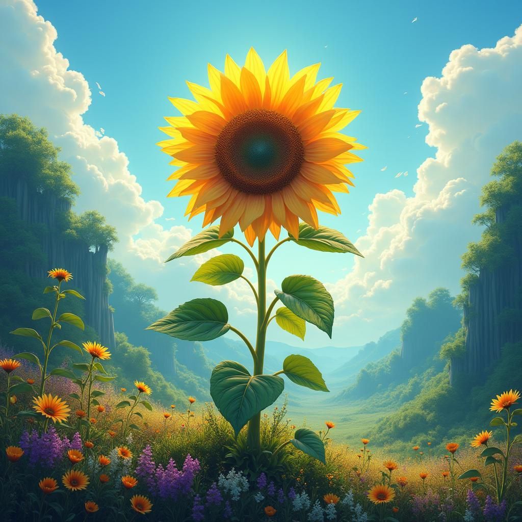 Mystical Sunflower in Dreamy Landscape, Digital Art