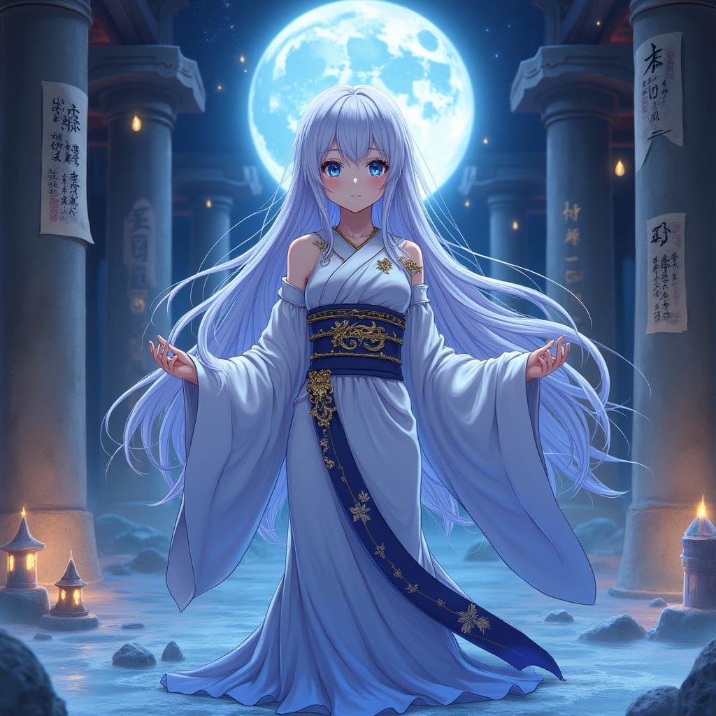 Anime Priestess in Moonlit Kimono with Ancient Scrolls
