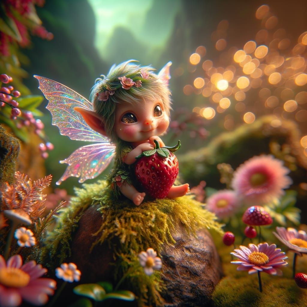 Adorable Strawberry Fairy in Magical Woodland Scene