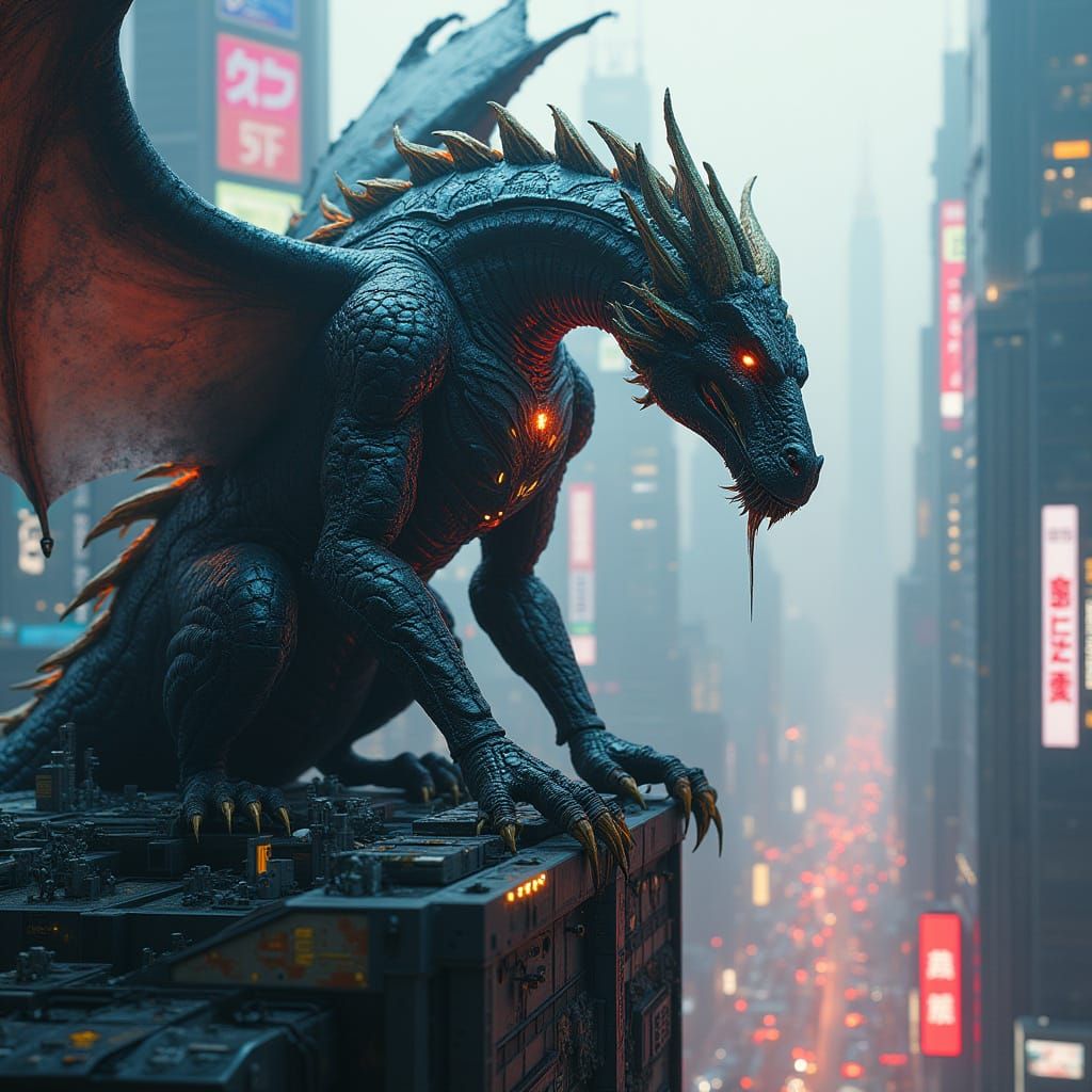 Armored Dragon Perched Atop Cyberpunk Skyscraper