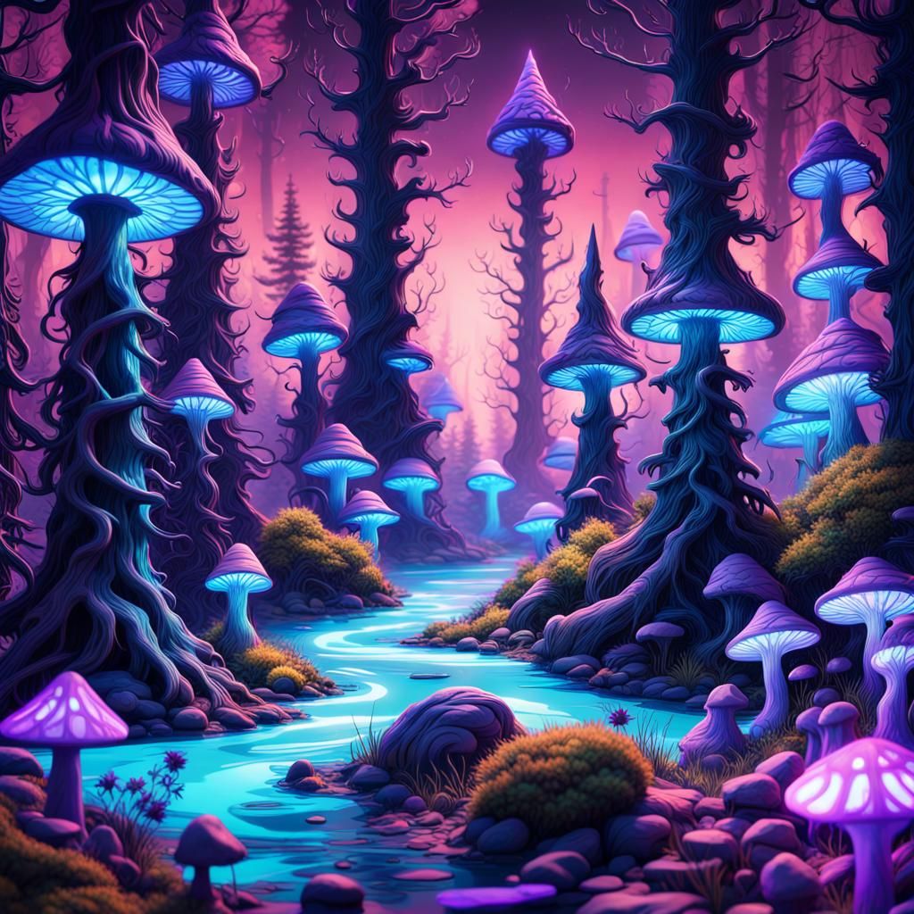 Bioluminescent Forest with Gnomes in Blacklight