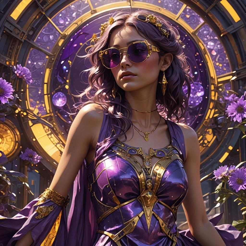 Futuristic Model in Purple Dress, Dark Fantasy Art