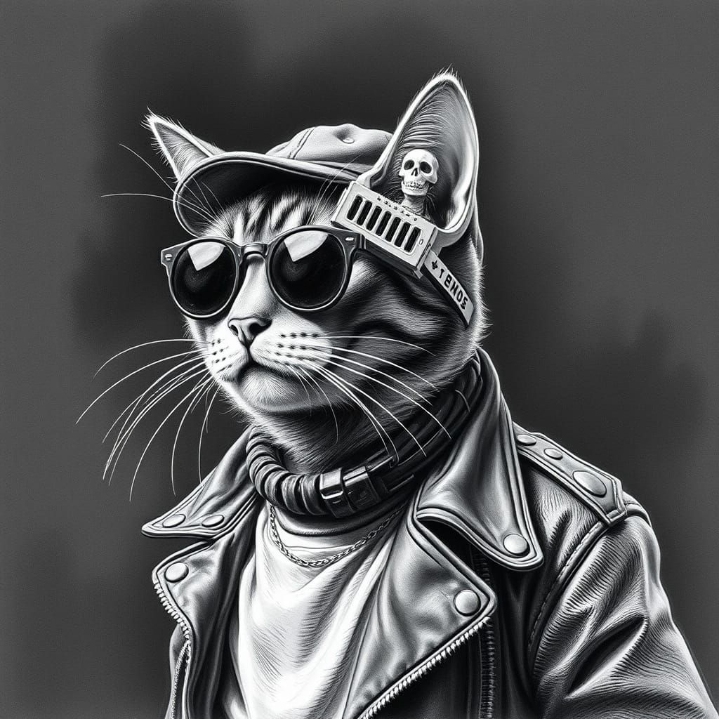 Hyperdetailed Charcoal Drawing of Cat with Walkman