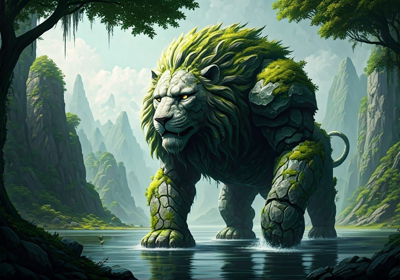 Mossy lion golem protroling the lake