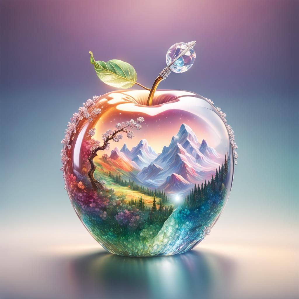 Crystal Apple Mountain: Hyperrealistic Splash Art