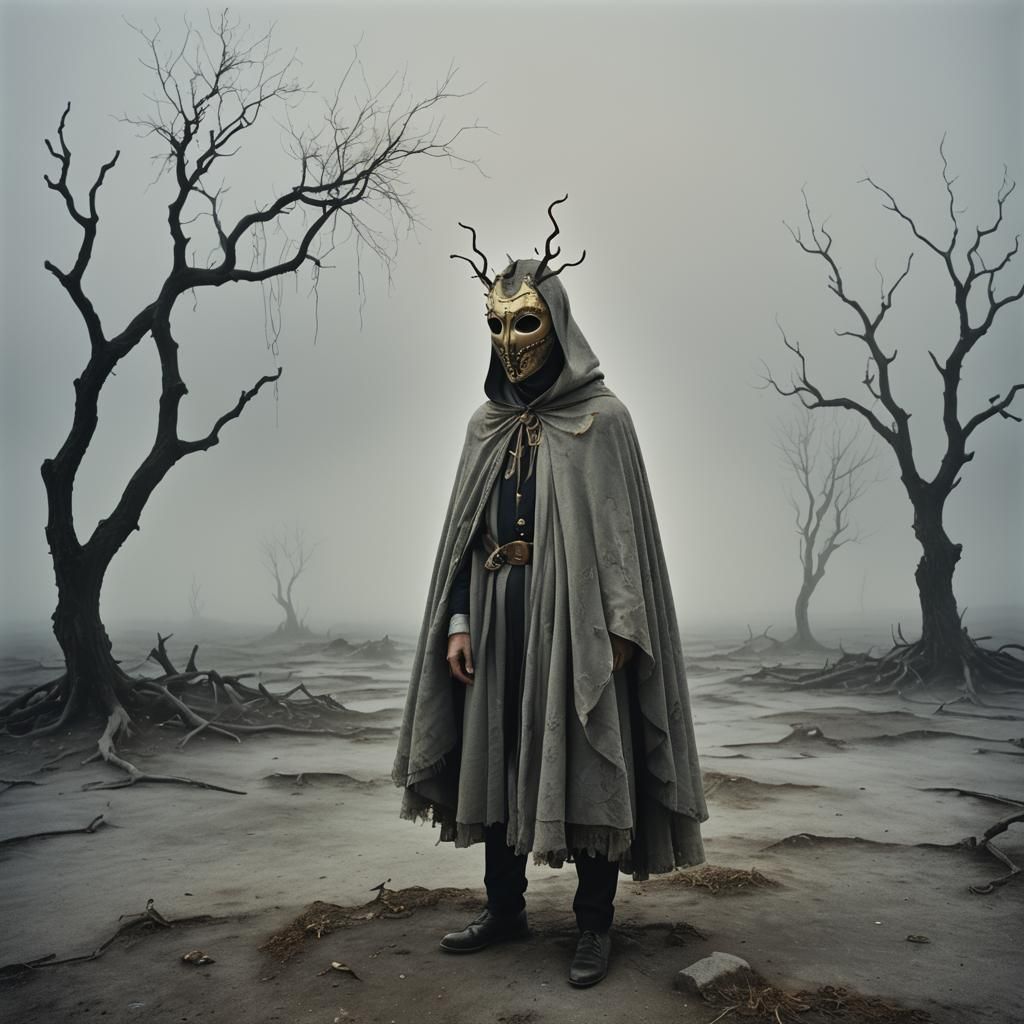 Surrealist Fool in Fog-Shrouded Landscape