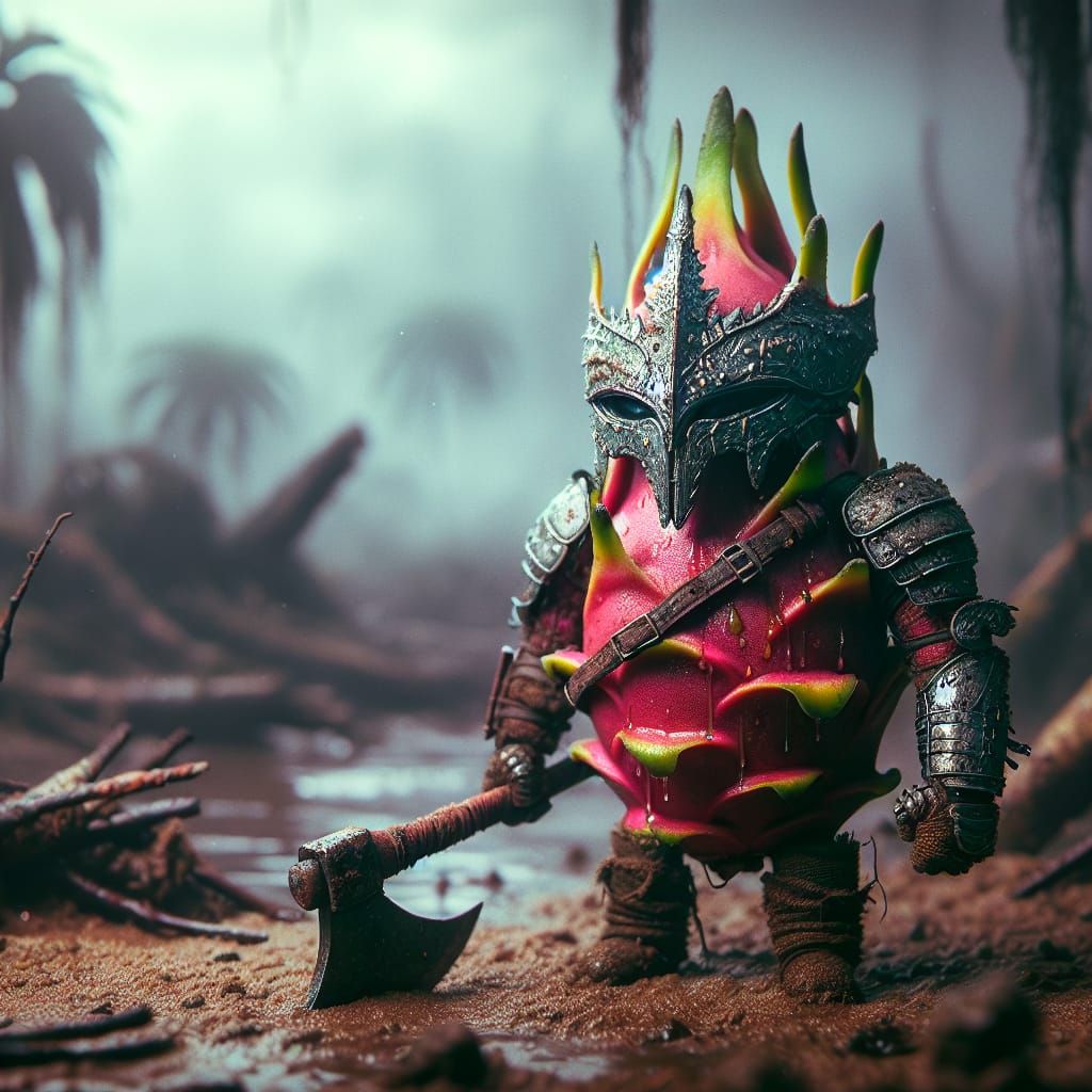 Dragon Fruit Warrior in Dystopian Swamp
