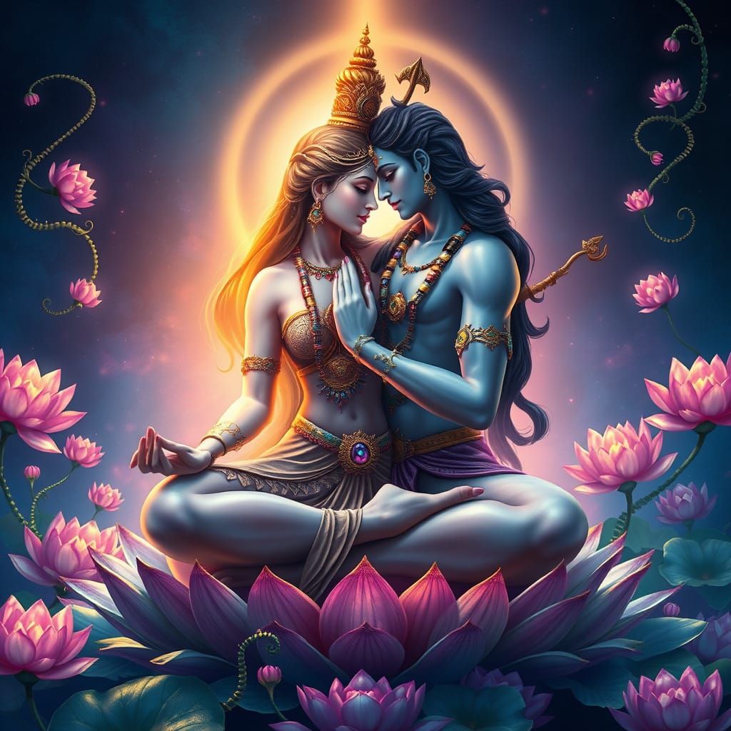 Ethereal Shiva and Parvati in Intimate Lotus Pose