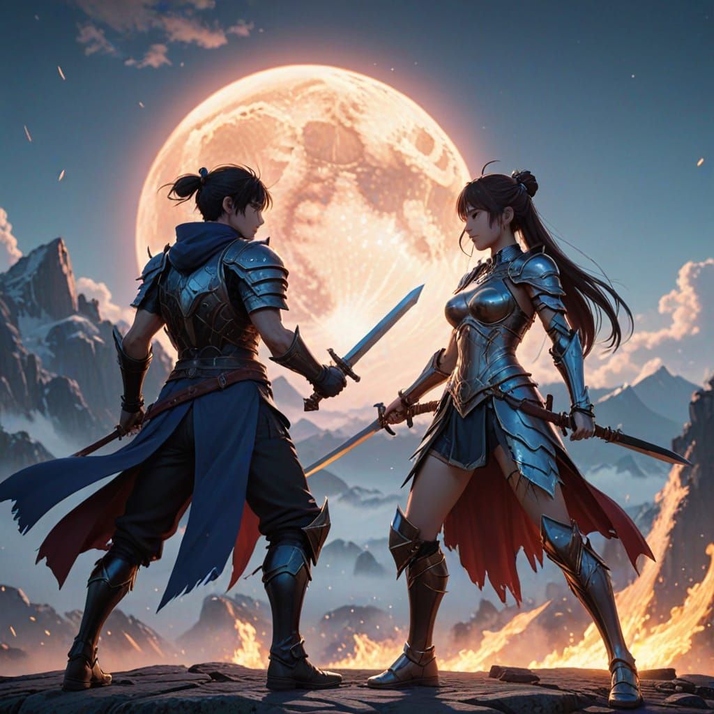 Fire and Ice Warriors Clash Under Golden Moon