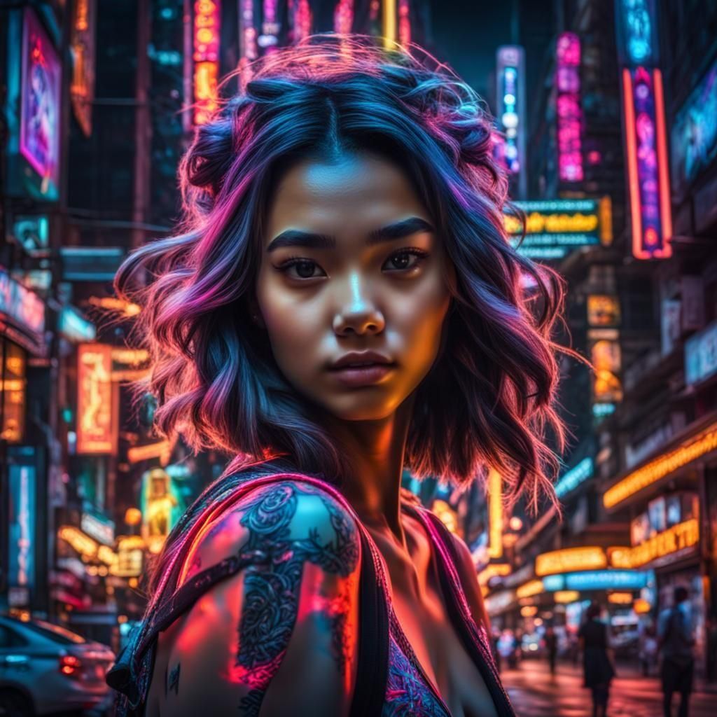Neon Nights: Hyperrealistic Cityscape with Young Women