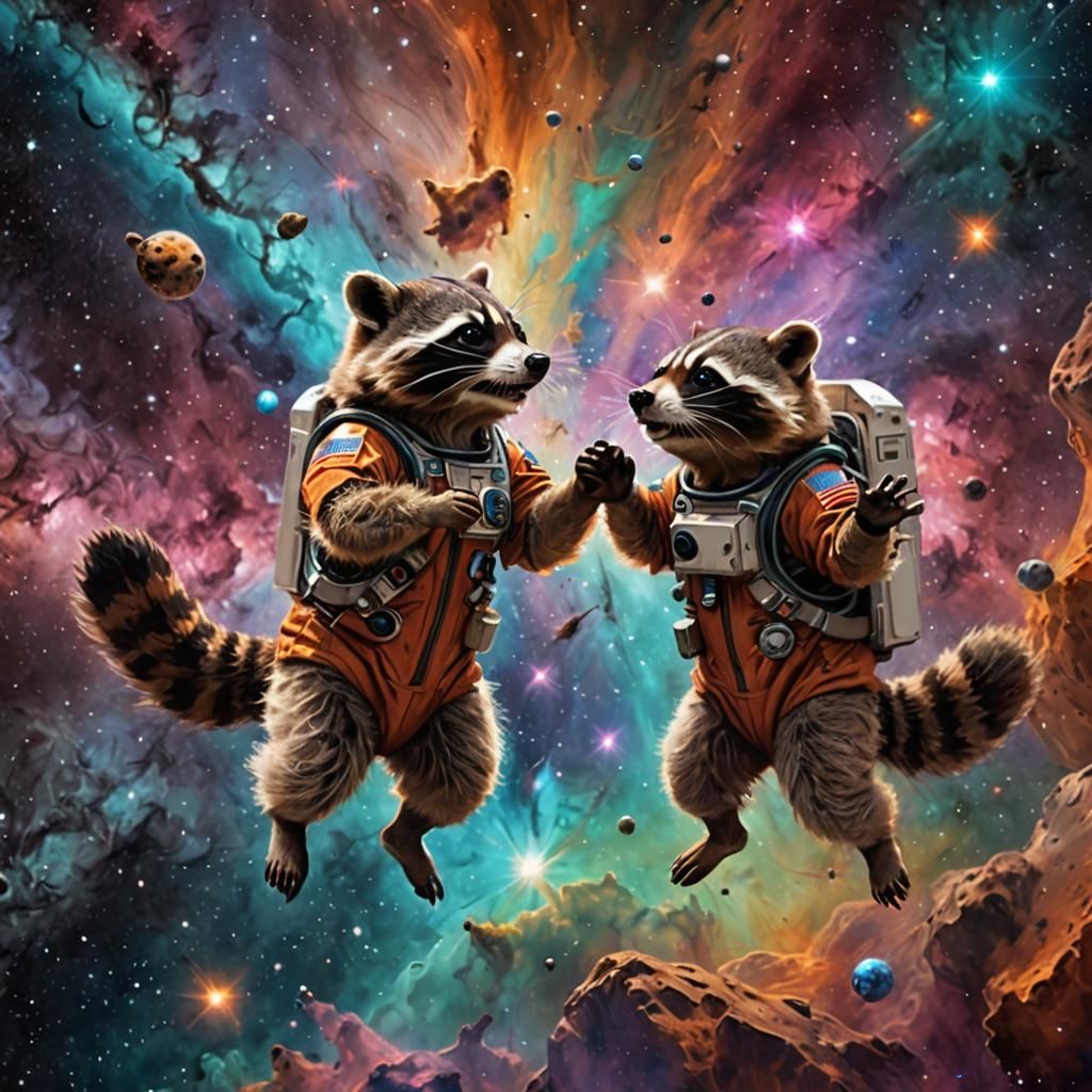 Raccoon and Beaver Astronauts High Five in Space