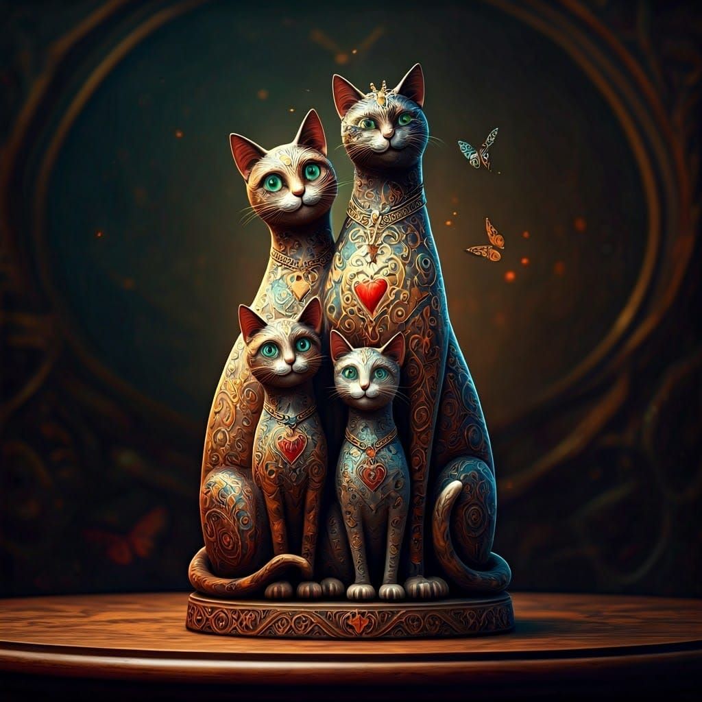 Whimsical Wood Carved Cat Family Statue