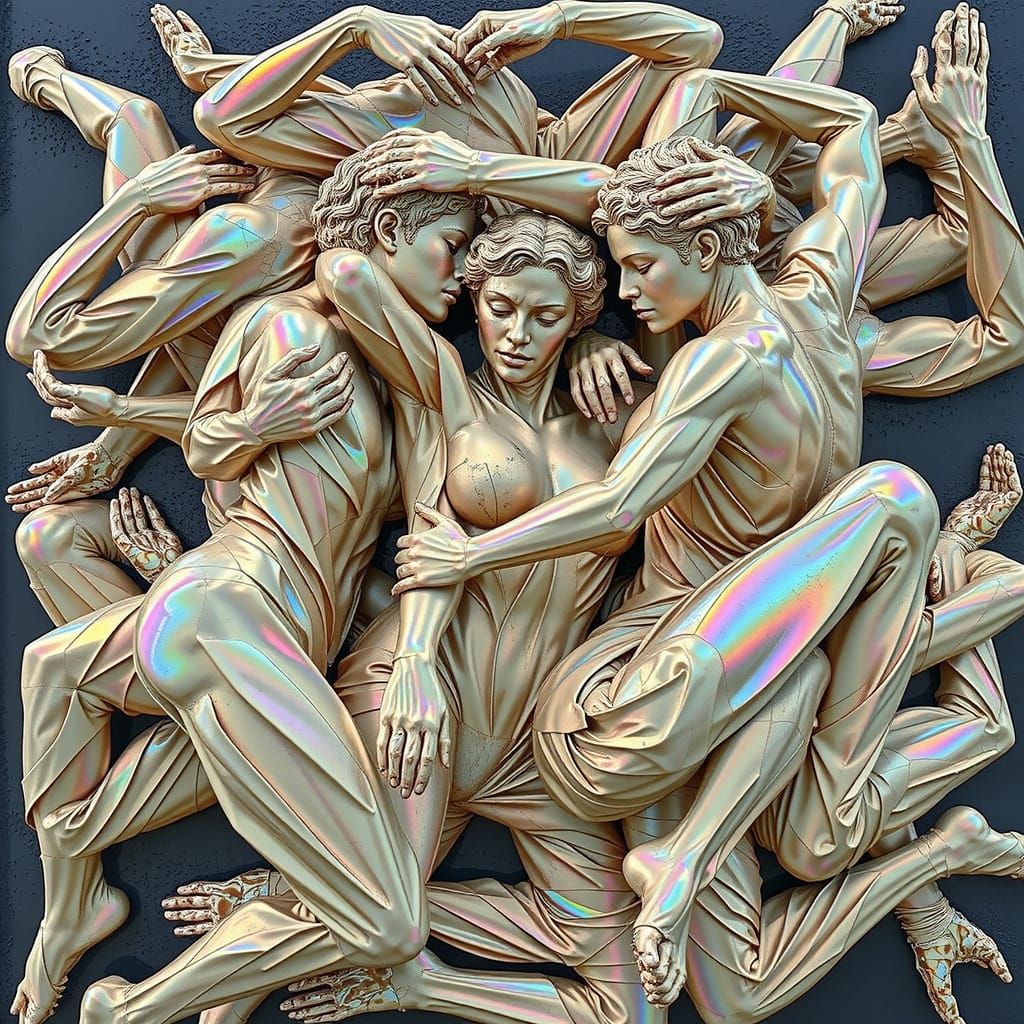 Iridescent Human Sculpture in 3D Collage Art Style