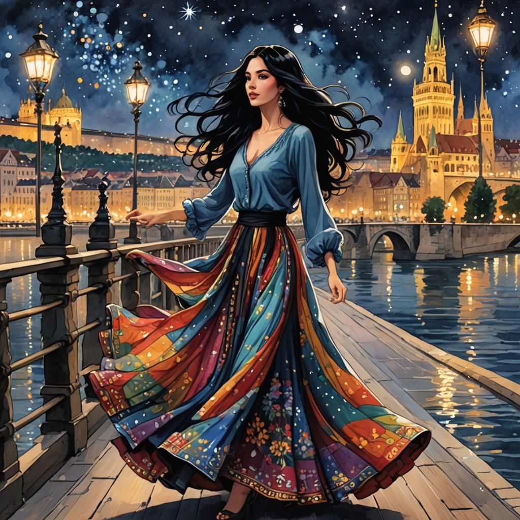 Woman Dancing on Budapest Bridge in Anime Style