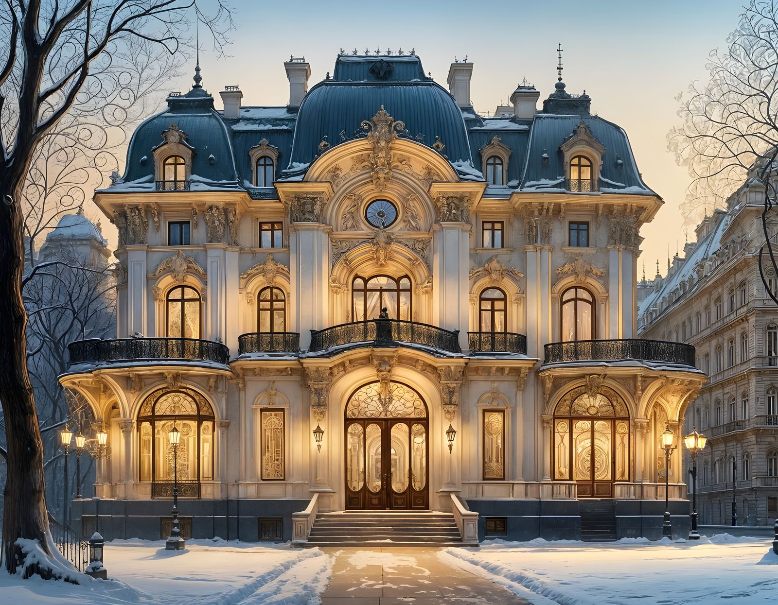 Elegant Bucharest Palace: A Winter Masterpiece in Art Nouvea...