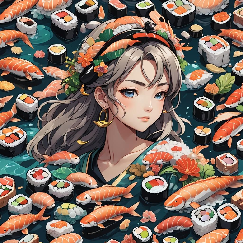 Sushi Mermaid in Cel-Shaded Anime Style