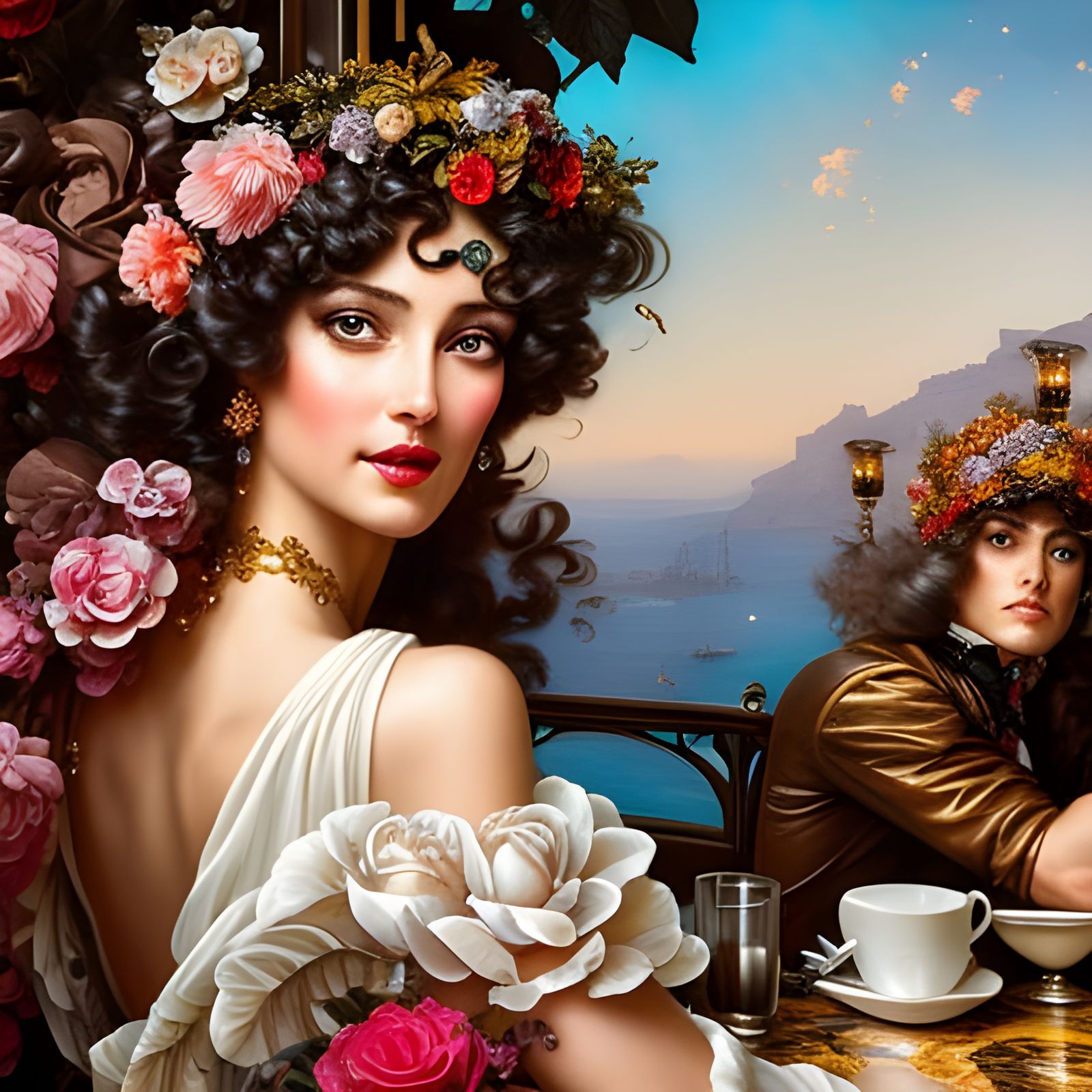 Happy Woman in Cafe, Rococo Style Portrait