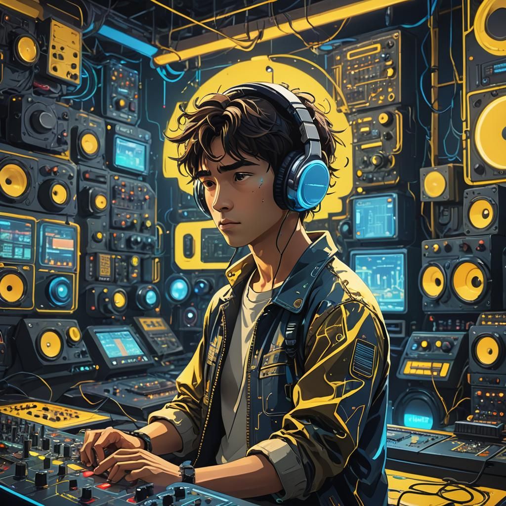 Music Producer in Futuristic Studio, Ghibli Style
