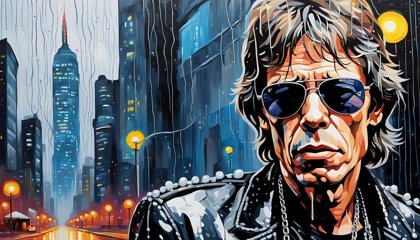 Mick Jagger Portrait in Rain, Acrylic Pop Art Style