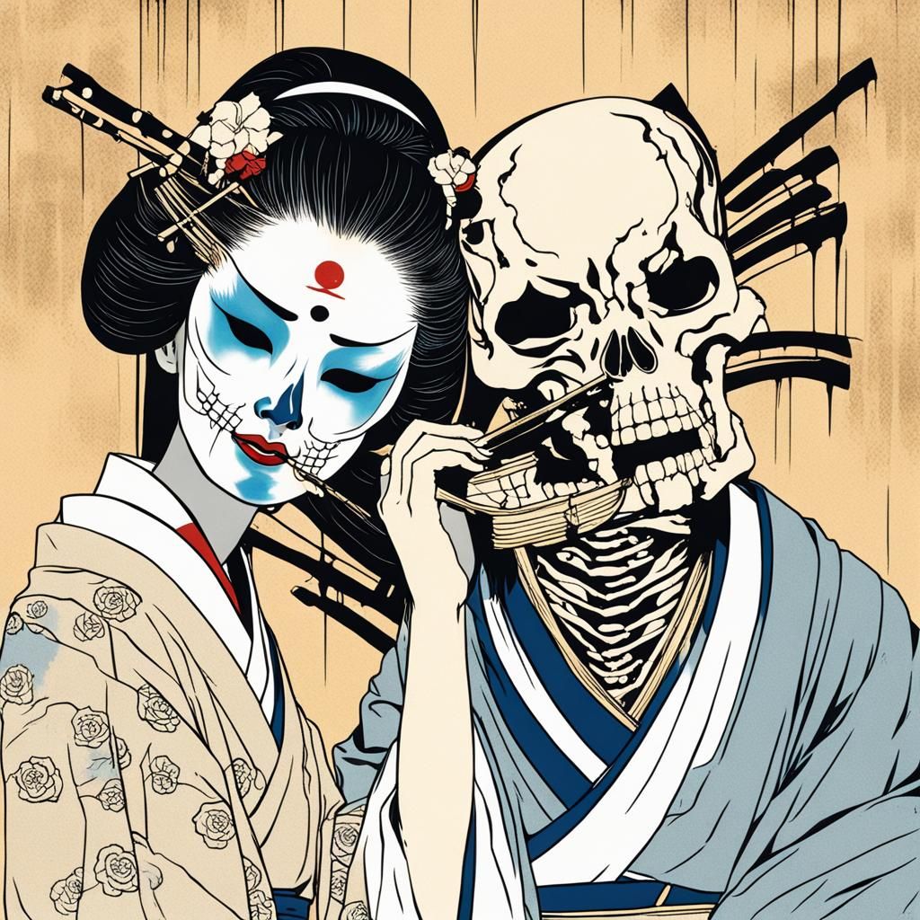 Geisha Mask Reveals Skeleton: A Shin-hanga Horror