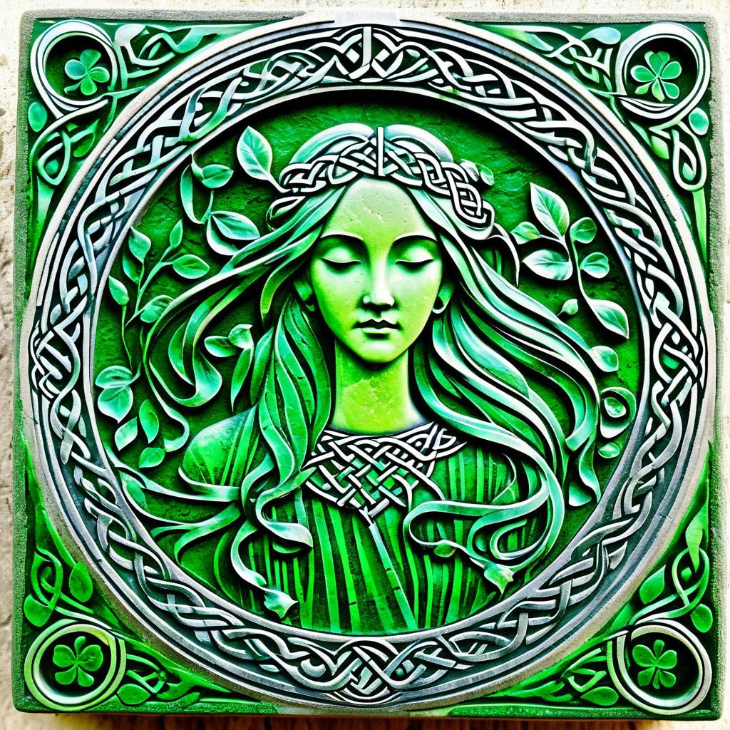 Art Nouveau Celtic Woman Etched in Green Stone