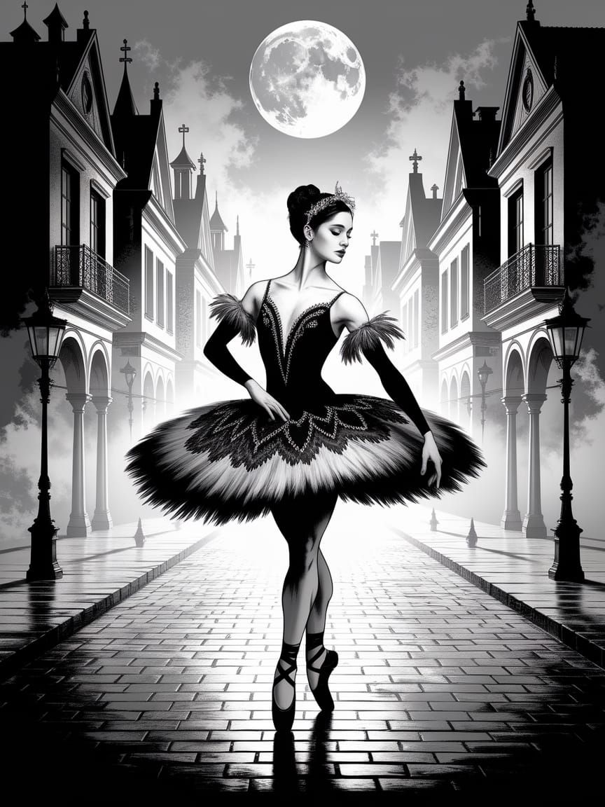 Dark Swan Ballet Dancer in Art Nouveau Style