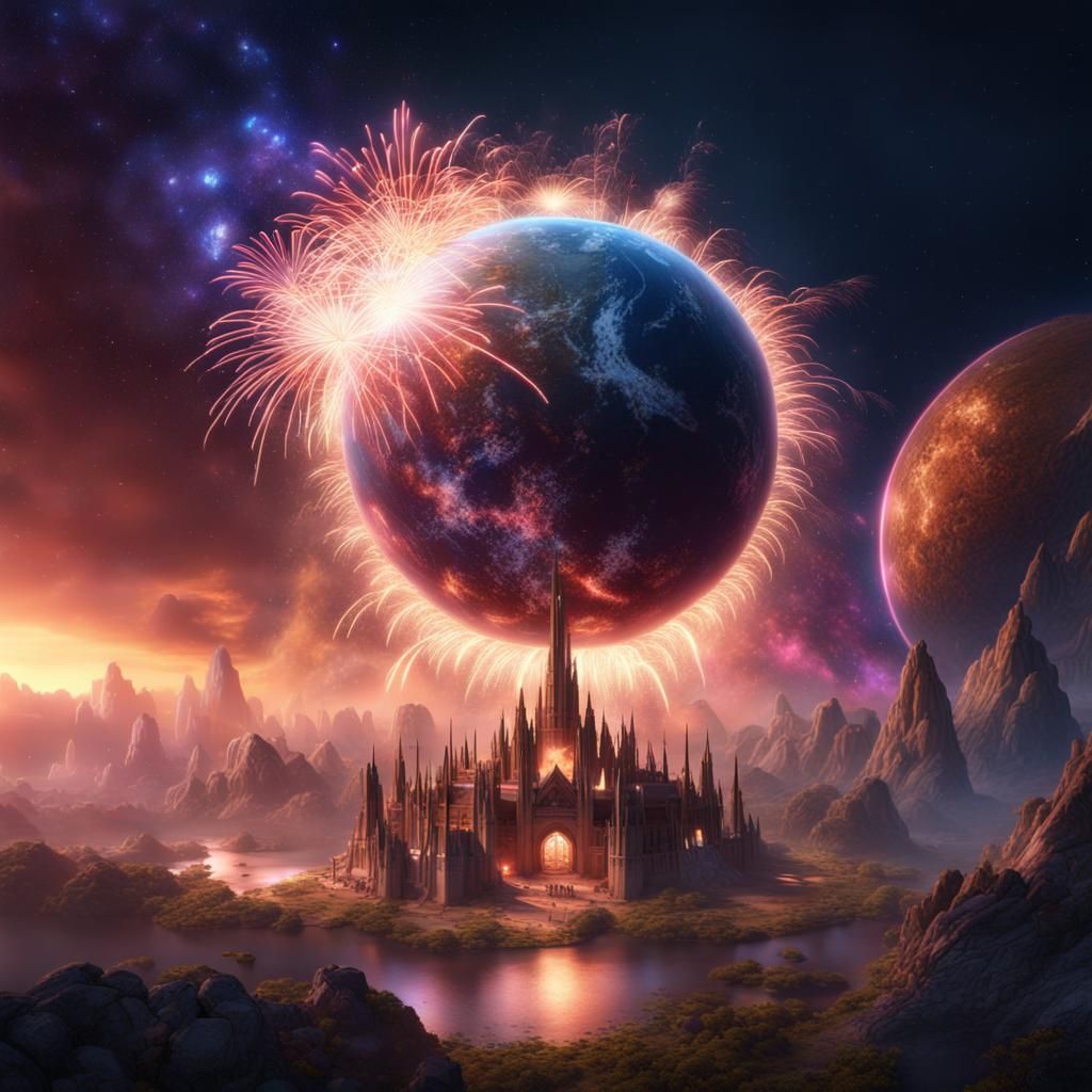 Magical Fireworks Universe Planet in Detailed Painting