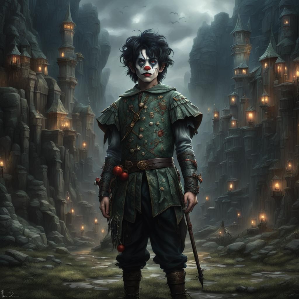 Elvish boy Zion Demox with black quivers at the back,  funny black hair and wearing clown clothes. standing. He is very ...