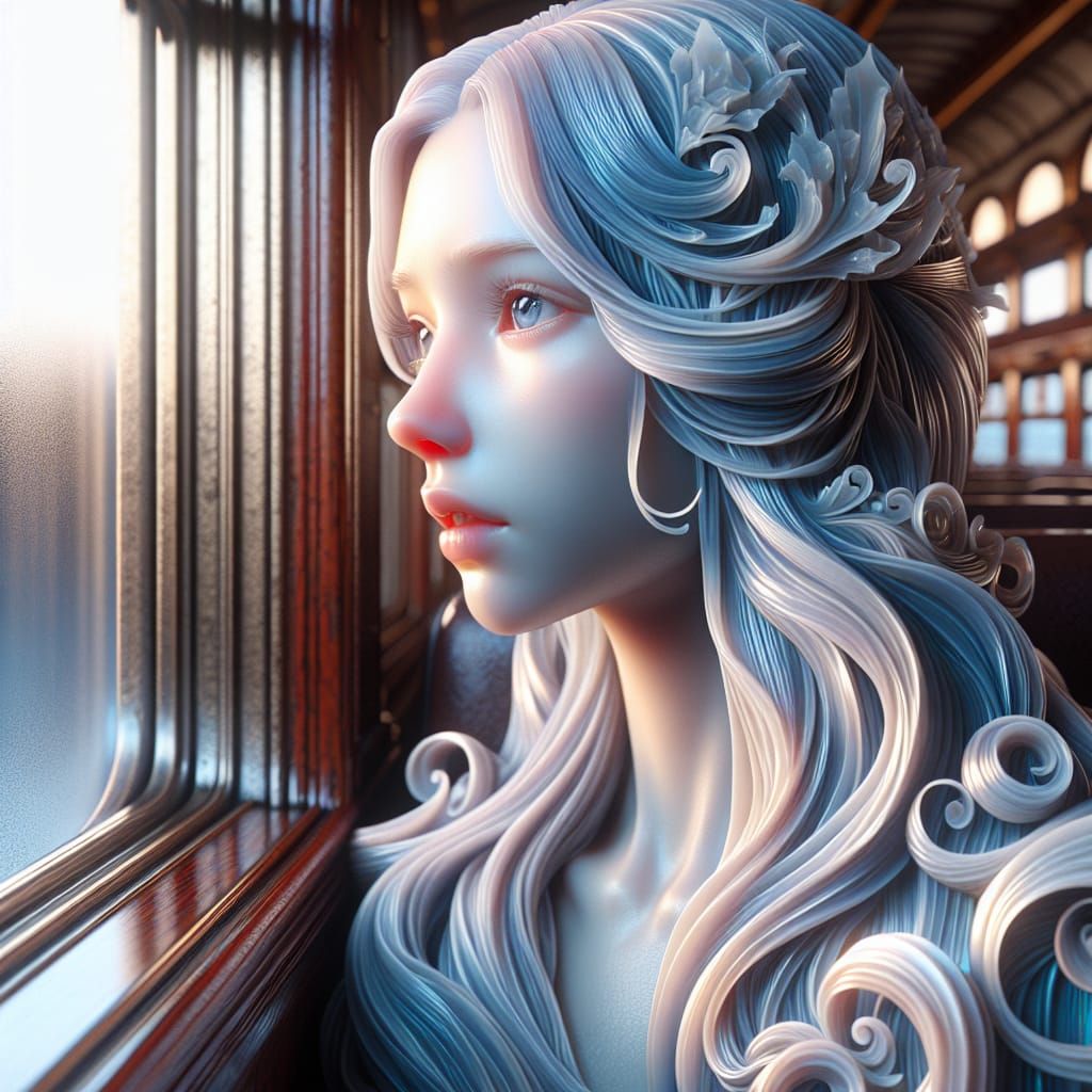 Ethereal Crystal Girl Gazing from Train Window