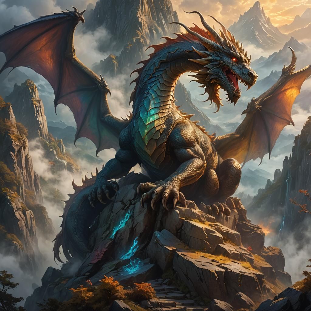 Majestic Dragon Perched on Misty Mountain