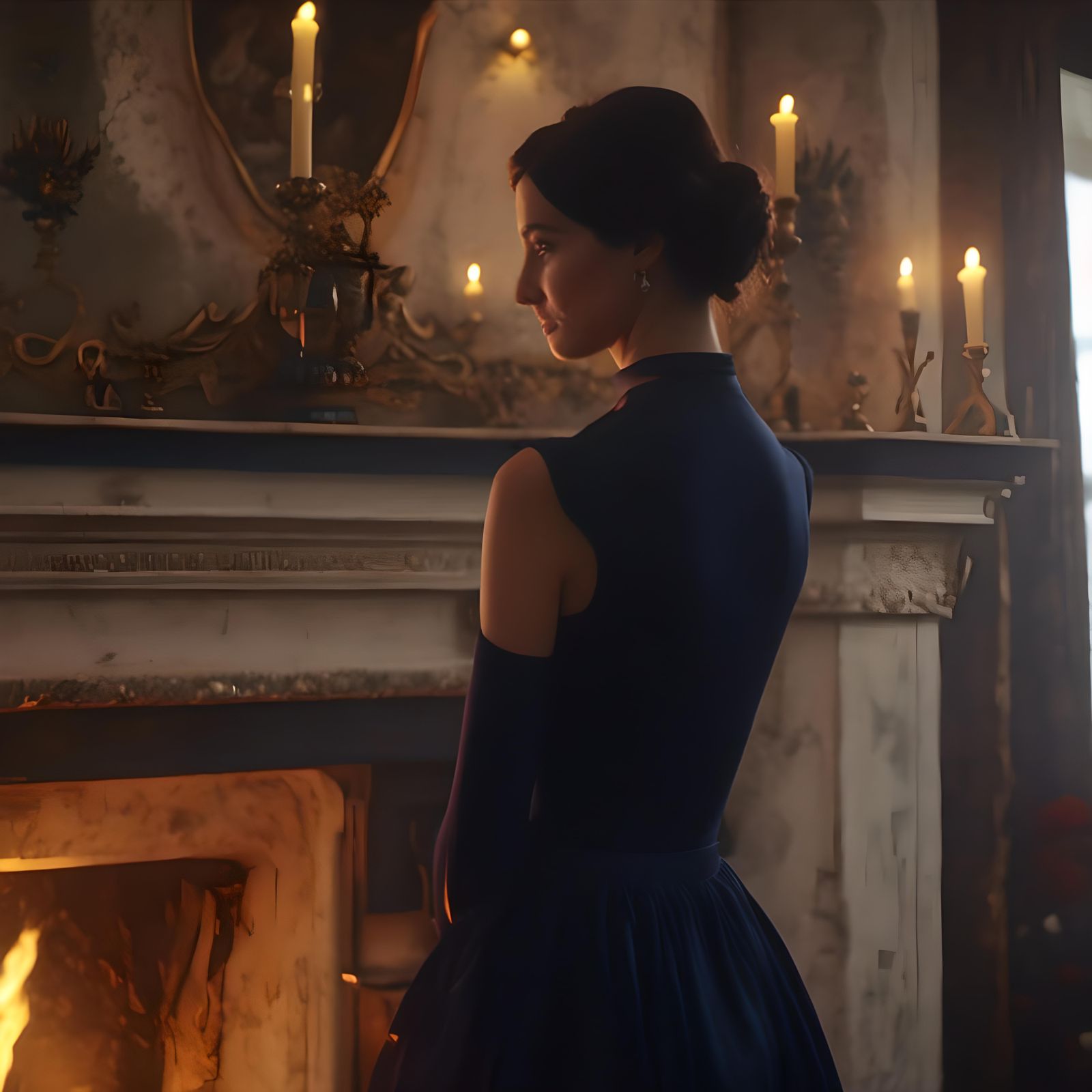 Woman in Blue Dress by Fireplace, Photorealistic Style