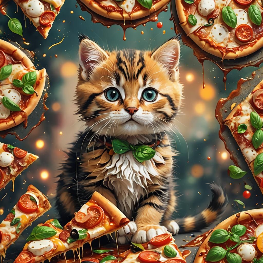 Kitten on Pizza in Whimsical Digital Art