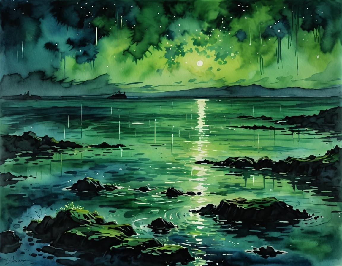 Green Bioluminescent Ocean at Night: Digital Watercolor