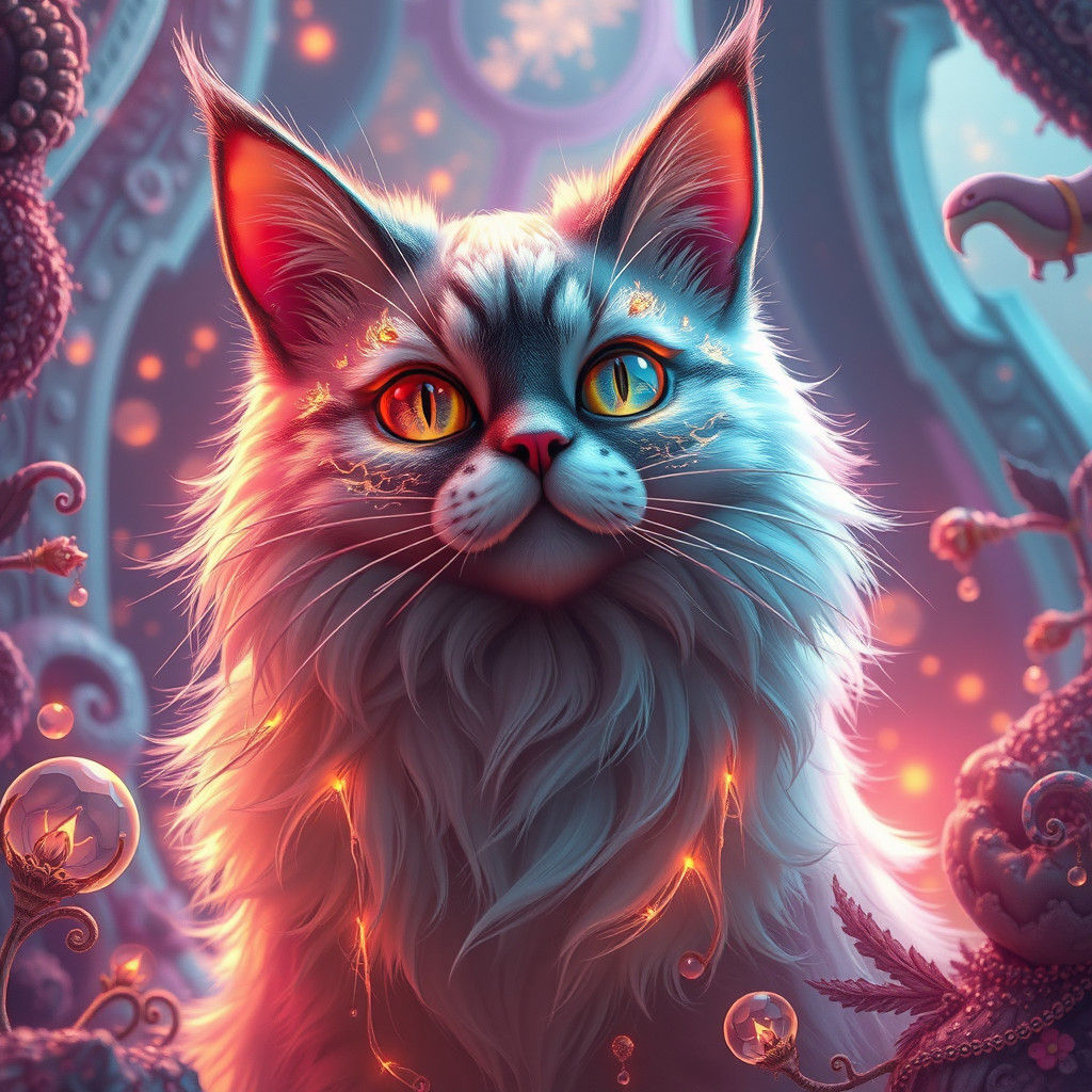 Whimsical Cat with Shimmering Fur in Dreamlike Setting