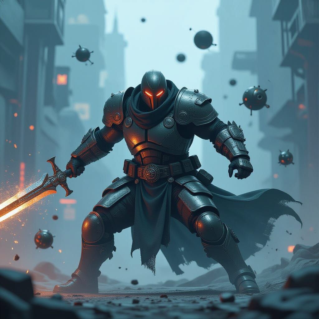 Armored Warrior Battles Time in Cyberpunk Style