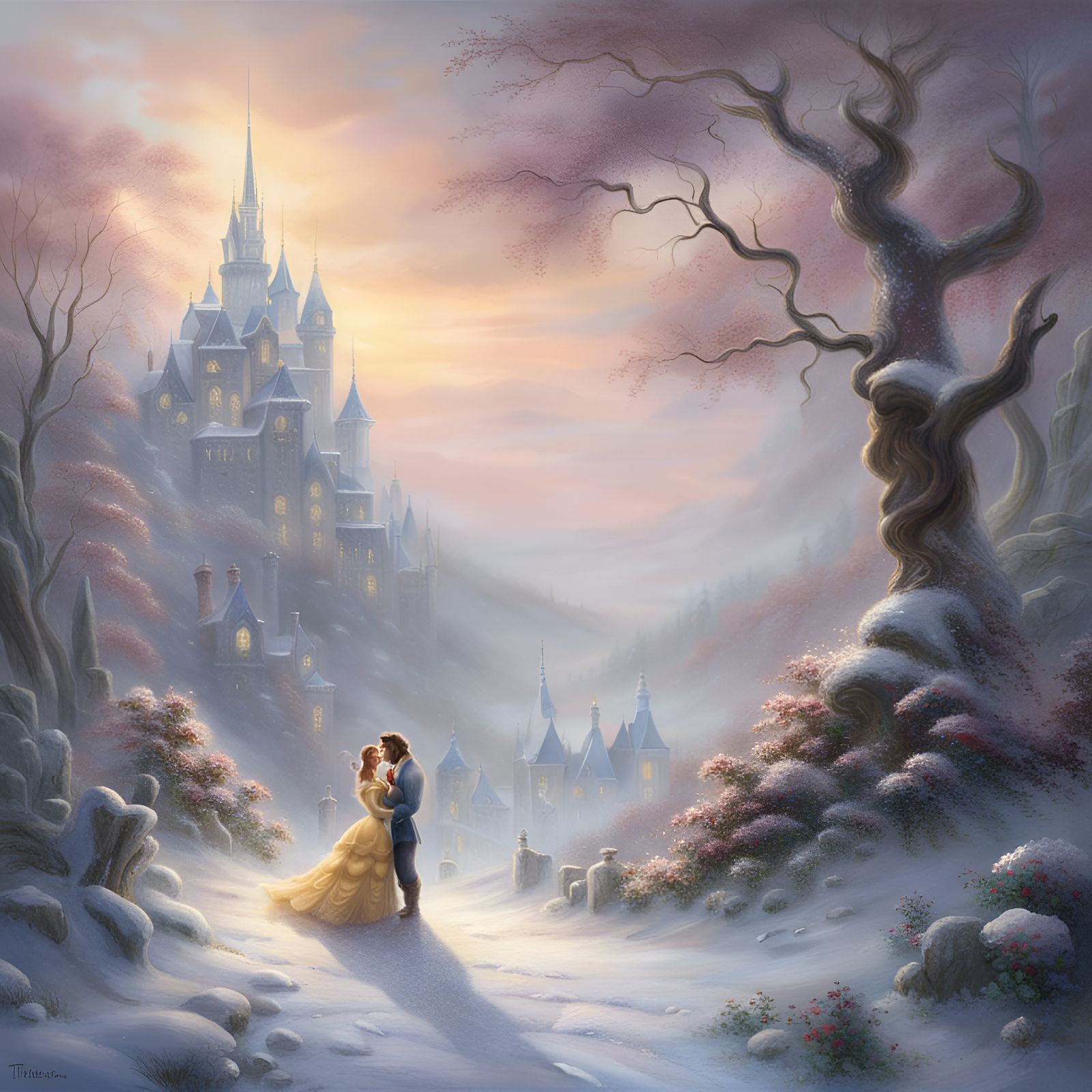 Beauty and the Beast in Snowy Fantasy Scene